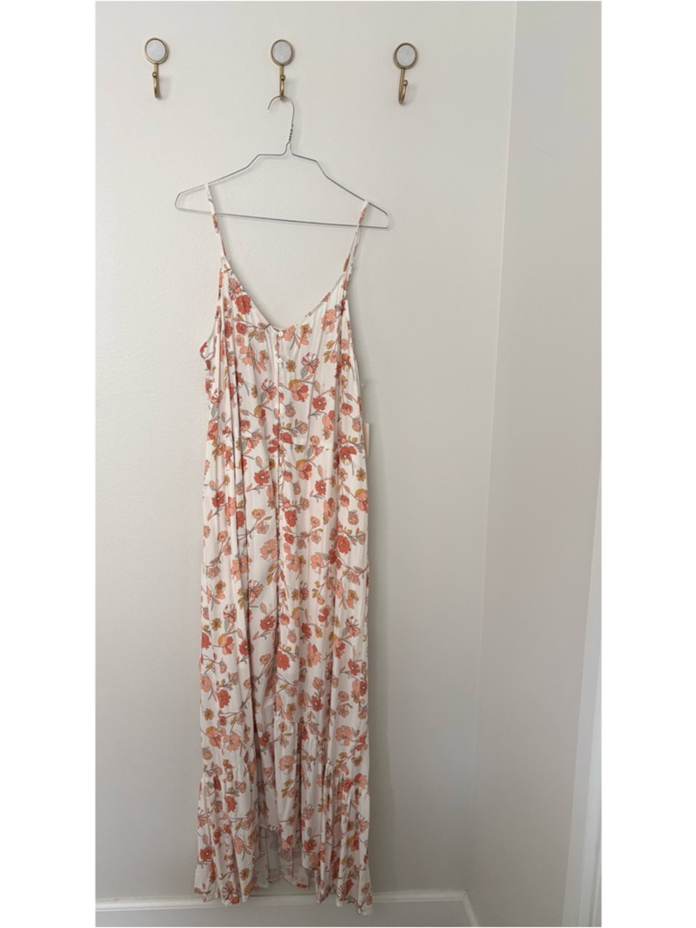NWT ana Cream‎ Maxi Dress with Coral Floral Print High Low Functional Buttons
